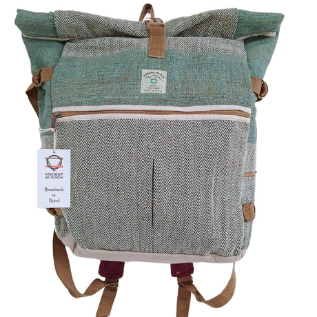 Eco - Friendly Hemp Trekking Roll - Top Backpack in Sage Green with Herringbone Pattern - Handmade in Nepal - SHAMTAM.COM