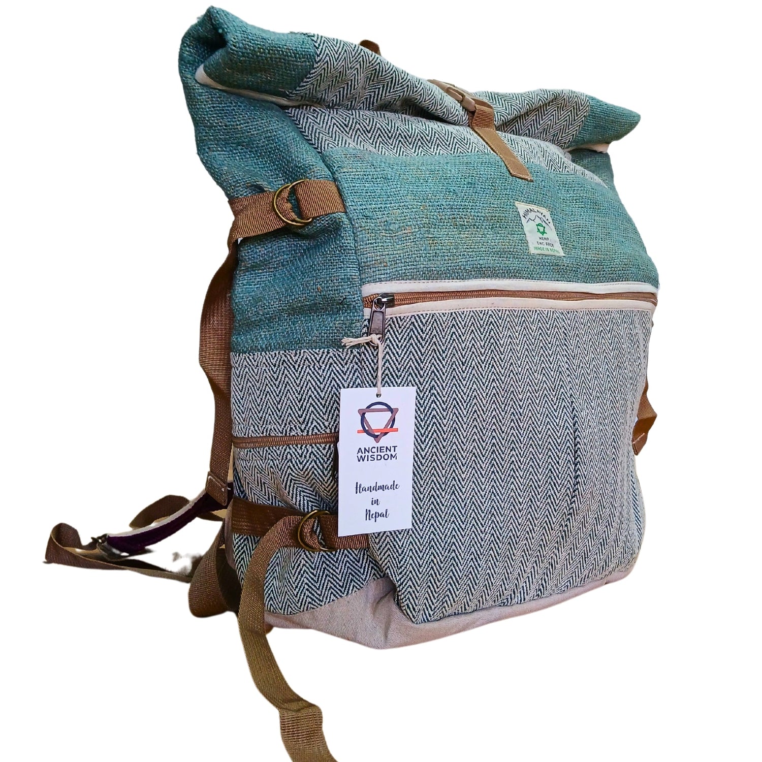 Eco - Friendly Hemp Trekking Roll - Top Backpack in Sage Green with Herringbone Pattern - Handmade in Nepal - SHAMTAM.COM