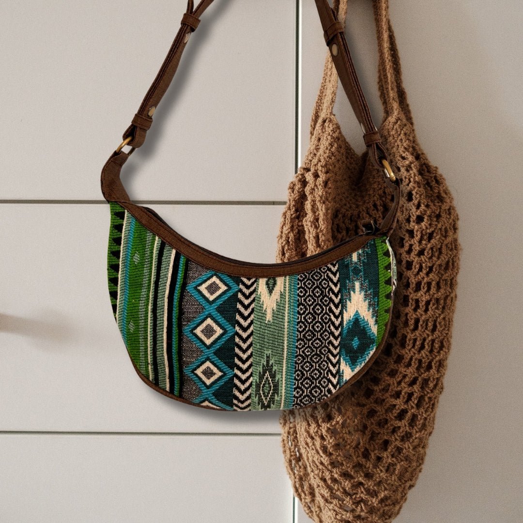 Jacquard Hobo Bag - Bold Greens (brown strap) - SHAMTAM.COM
