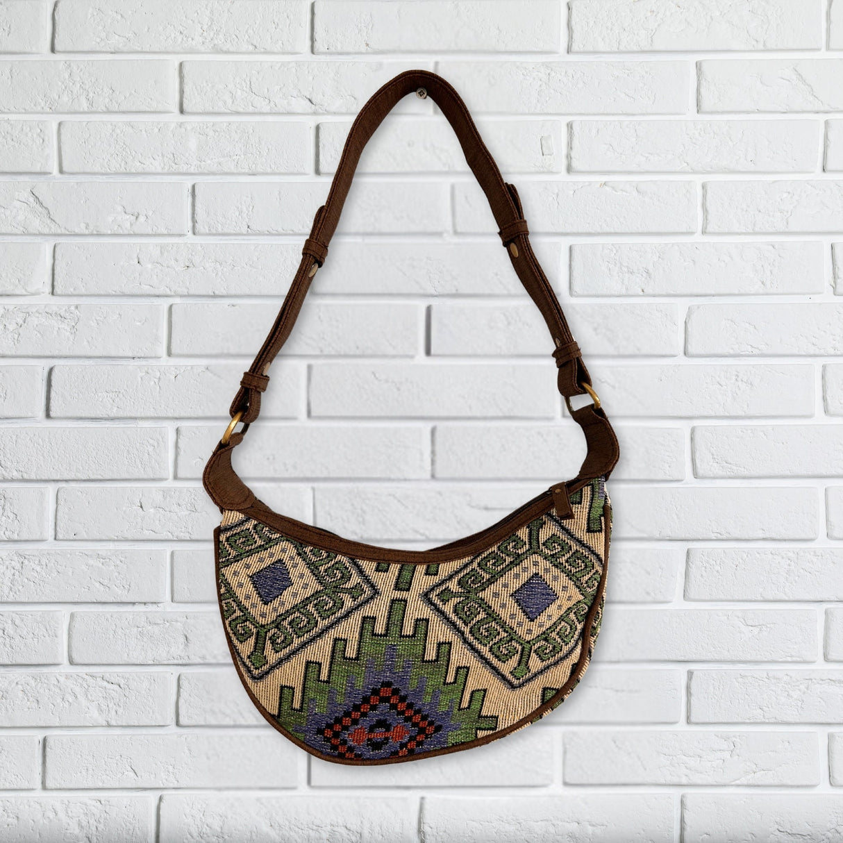 Jacquard Hobo Bag - Geo - Geen (brown strap) - SHAMTAM.COM