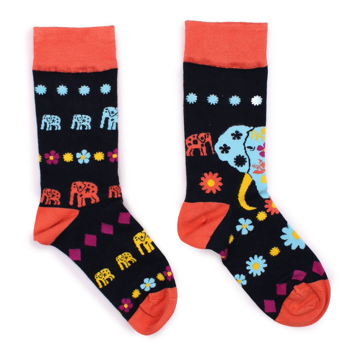 Black bamboo socks with bright orange cuffs and toes, featuring colorful blue and orange elephant and floral patterns, Cosmic Socks design