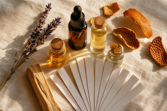 An arrangement of essential oil bottles and natural materials representing different fragrance families