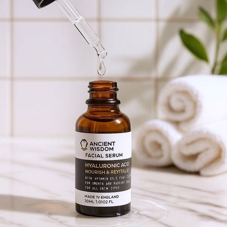 Facial serum bottle with dropper on a marble surface with towels in the background