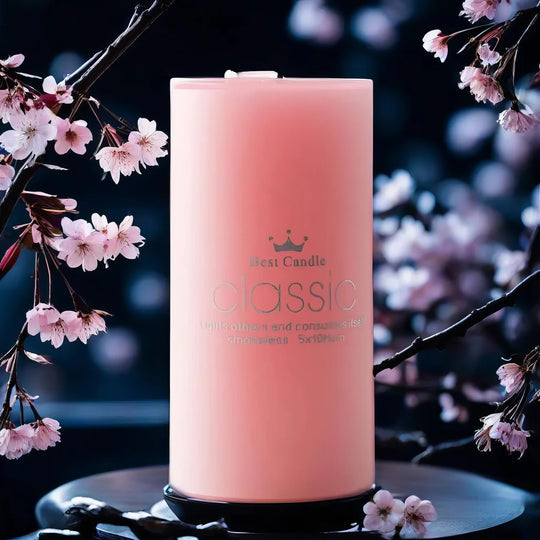 Una vela rosa suave que arde delicadamente, el color del afecto, la amistad y la amabilidad hacia uno mismo.