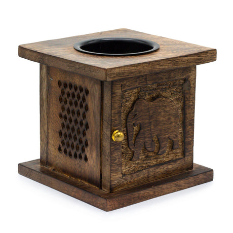 Eco - Friendly Mango Wood Elephant Carved Incense Burner & Oil Diffuser with Brass Knob - 12x12 cm - SHAMTAM.COM