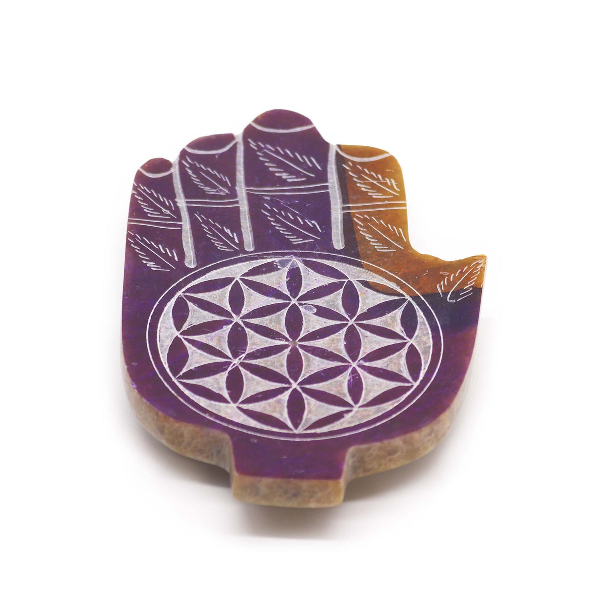 Purple Soapstone Hamsa Incense Burner with Flower of Life Design for Spiritual Protection and Harmony - SHAMTAM.COM
