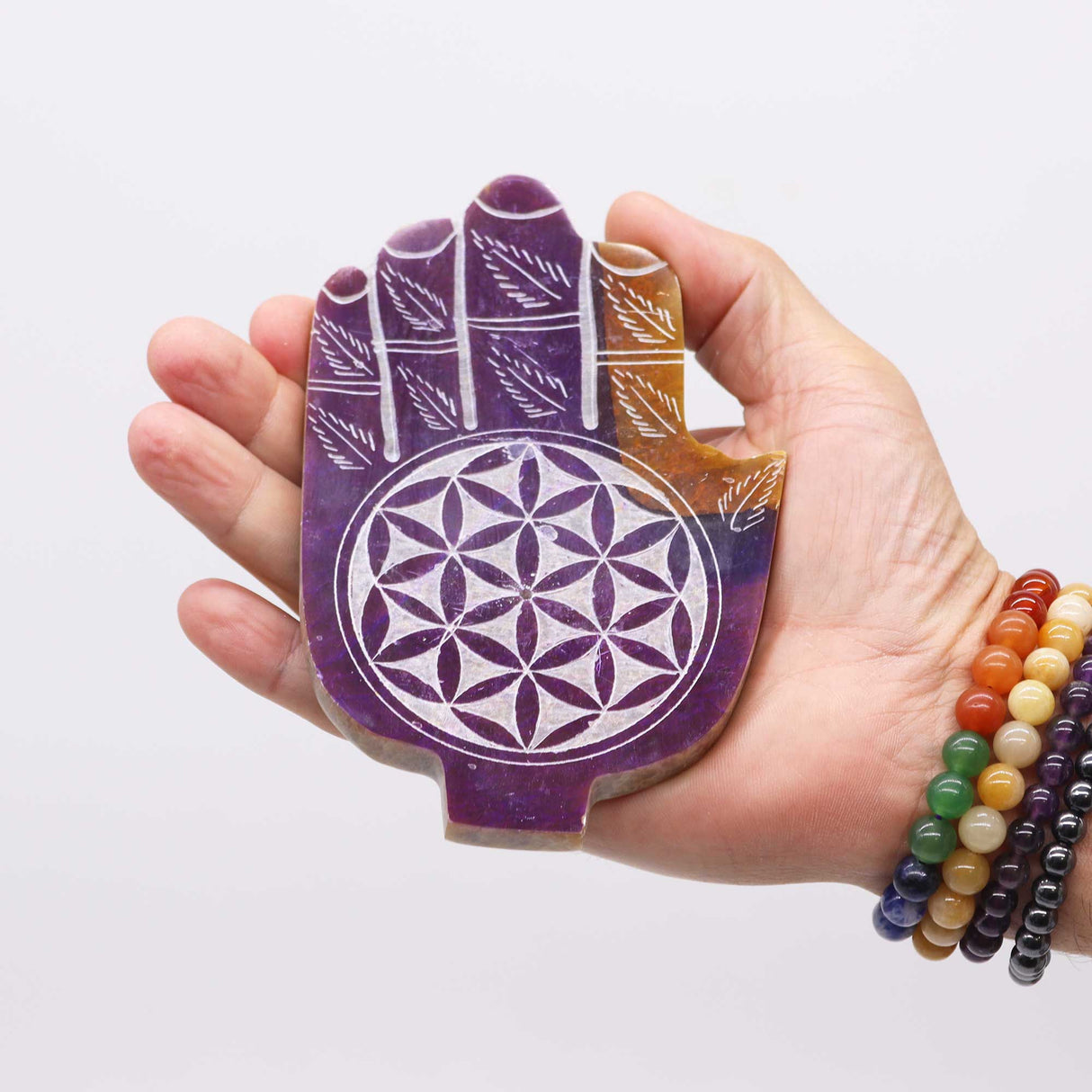 Purple Soapstone Hamsa Incense Burner with Flower of Life Design for Spiritual Protection and Harmony - SHAMTAM.COM