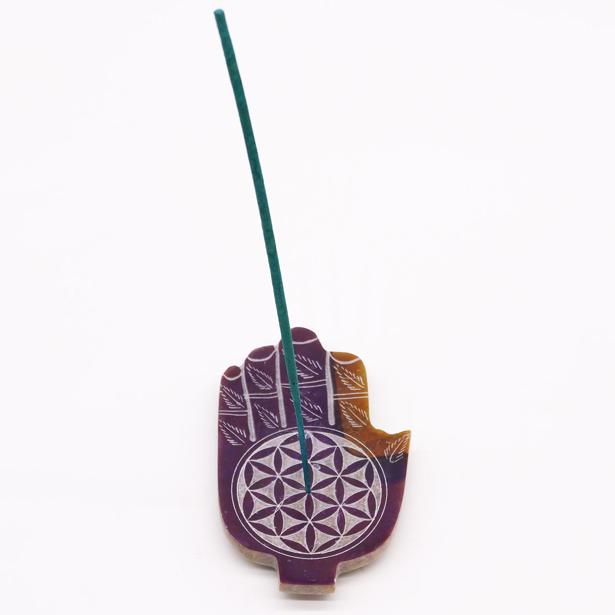 Purple Soapstone Hamsa Incense Burner with Flower of Life Design for Spiritual Protection and Harmony - SHAMTAM.COM