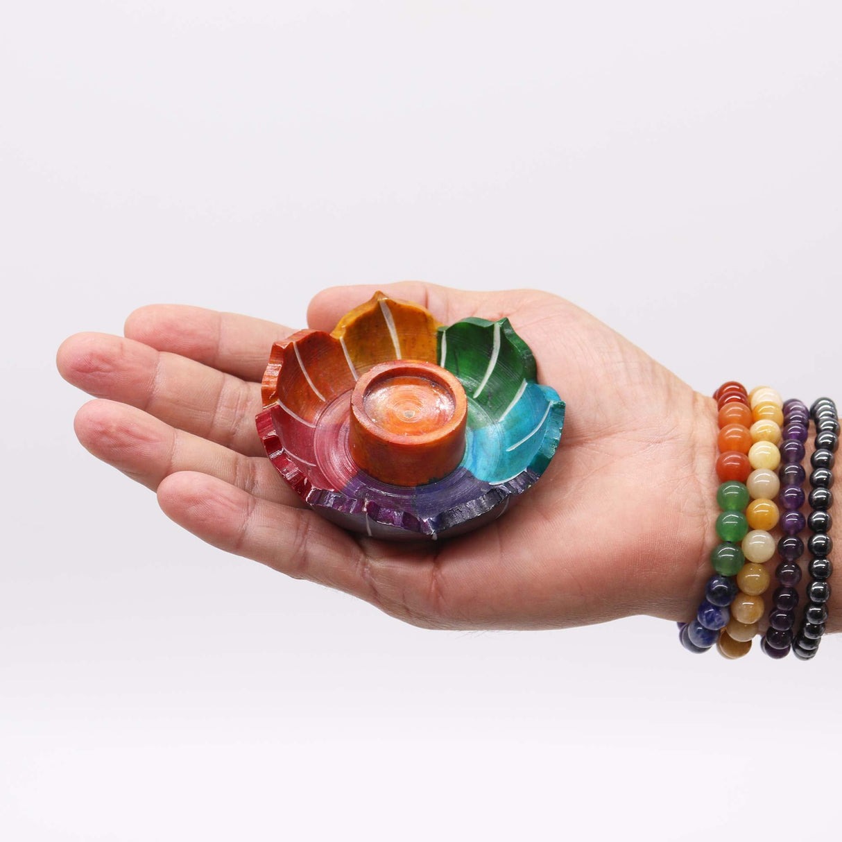 Vibrant Chakra Lotus Flower Soapstone Incense Burner – Enhance Spiritual Balance & Energy Alignment - SHAMTAM.COM