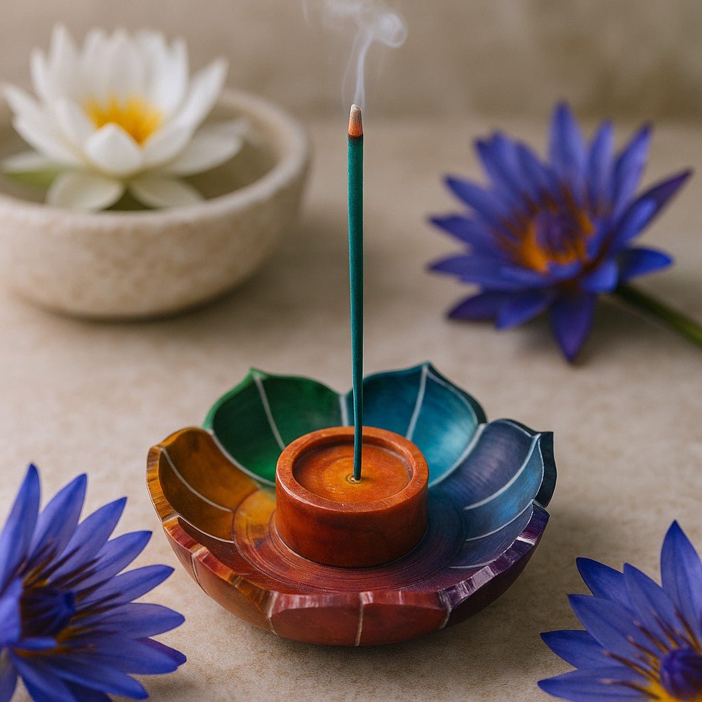 Colorful incense holder with a smoking incense stick on a table with flowers.