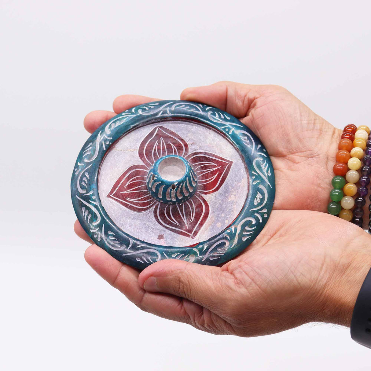 Elegant Four - Petal Soapstone Disc Incense Burner - Multi - Purpose Holder for Sticks & Cones - SHAMTAM.COM