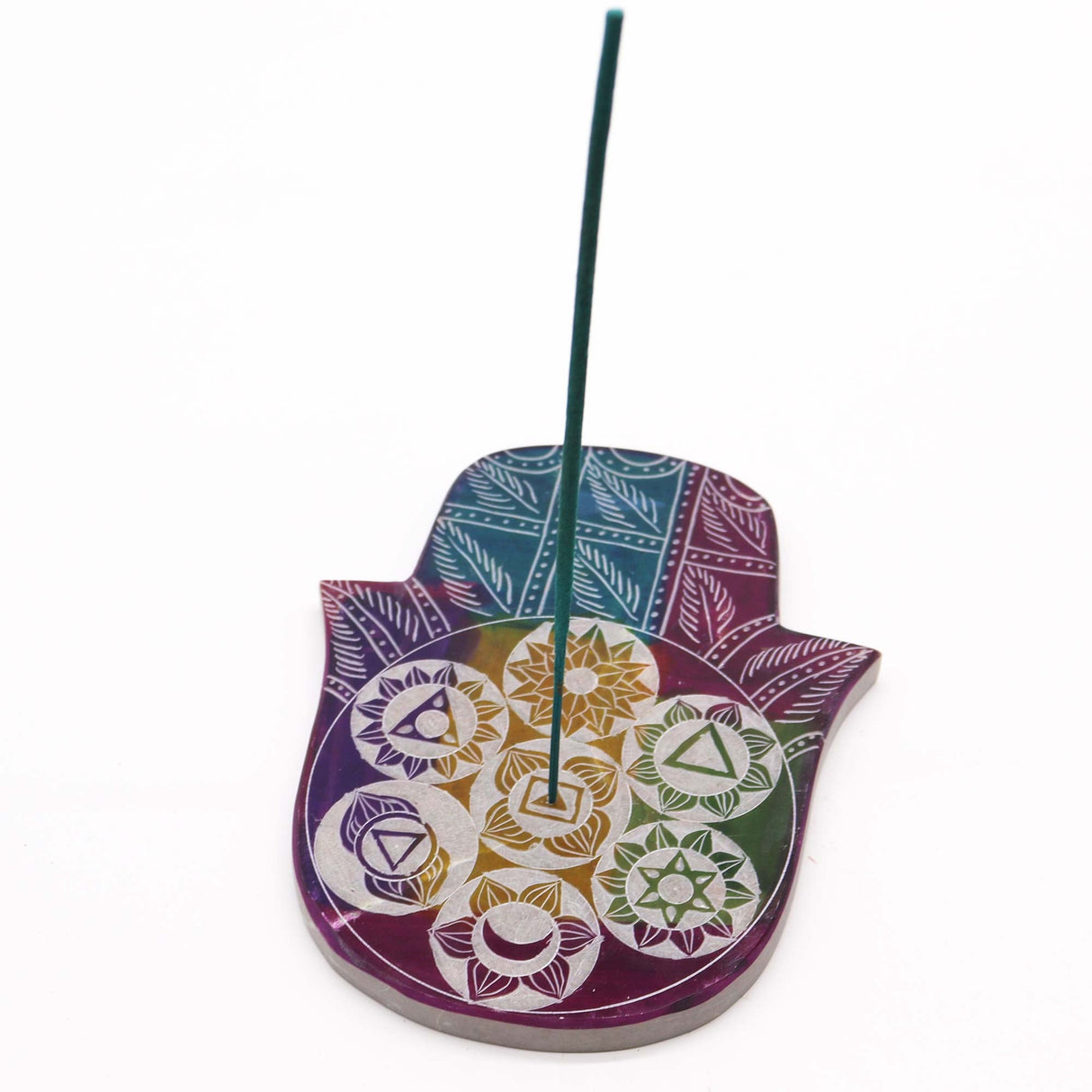 Vibrant Soapstone Hamsa Incense Burner with 7 Chakra Symbols for Spiritual Protection & Energy Balance - SHAMTAM.COM