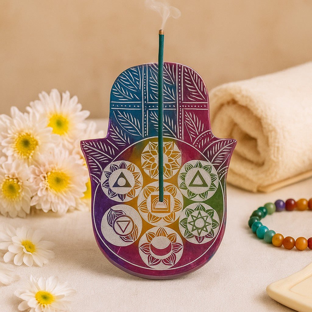 Decorative incense holder with colorful patterns on a beige background with flowers and a towel.