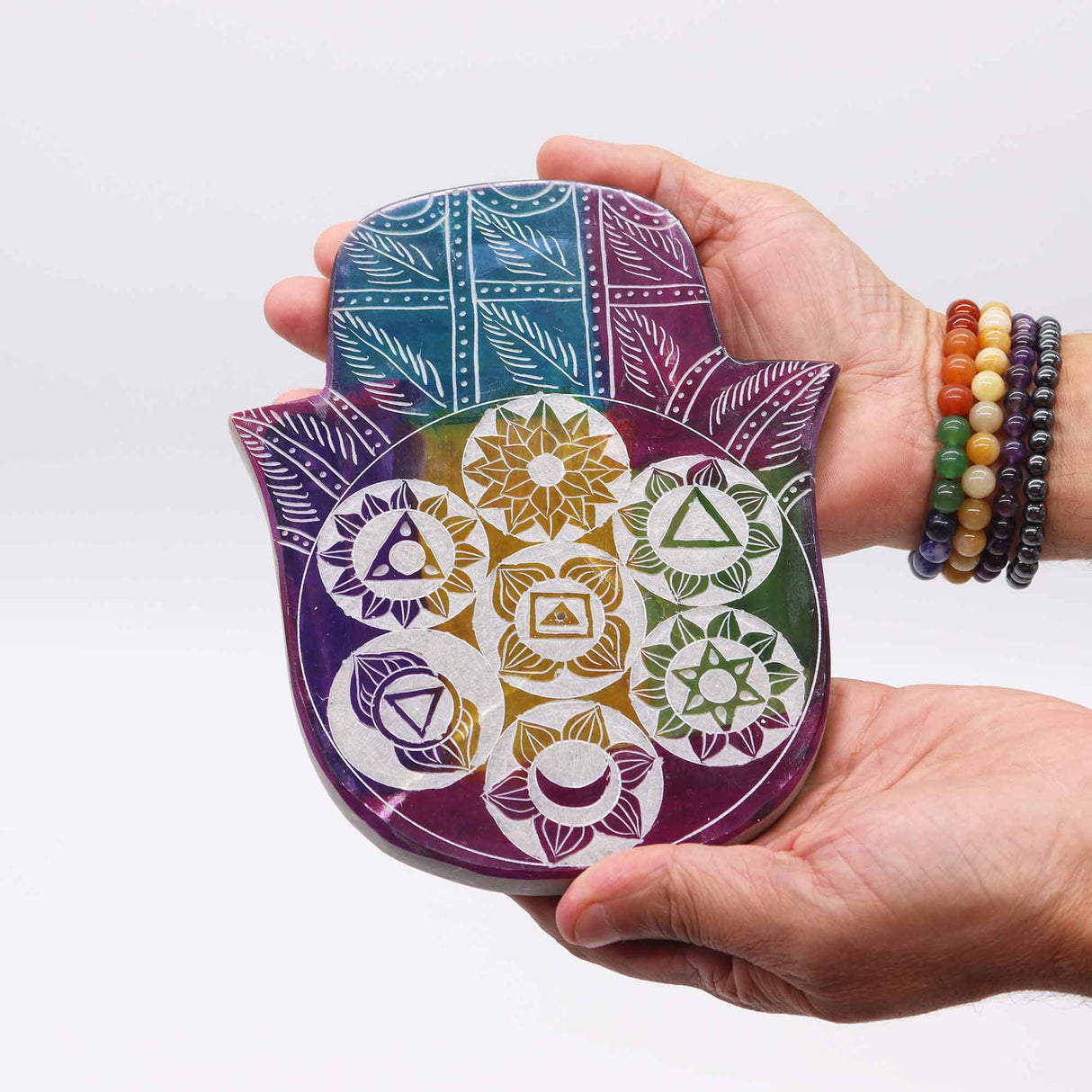 Vibrant Soapstone Hamsa Incense Burner with 7 Chakra Symbols for Spiritual Protection & Energy Balance - SHAMTAM.COM