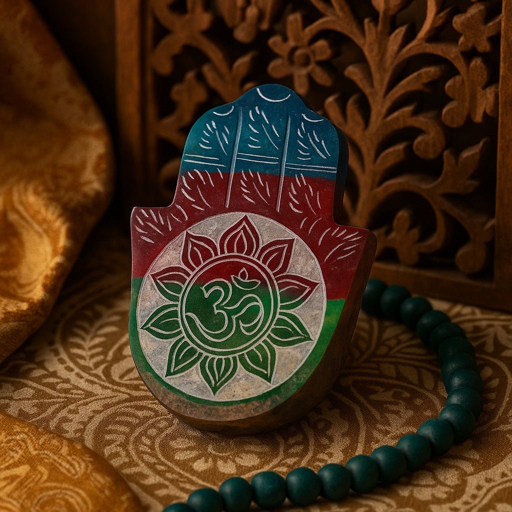 Decorative Hamsa with Om symbol on a textured surface