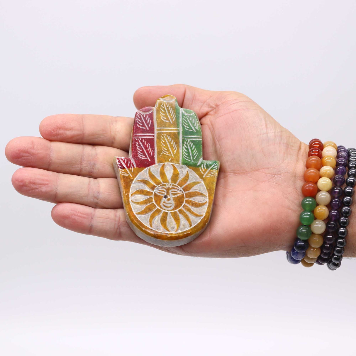 Handcrafted Soapstone Hamsa Incense Burner with Sun Face Design for Protection and Positive Energy - SHAMTAM.COM