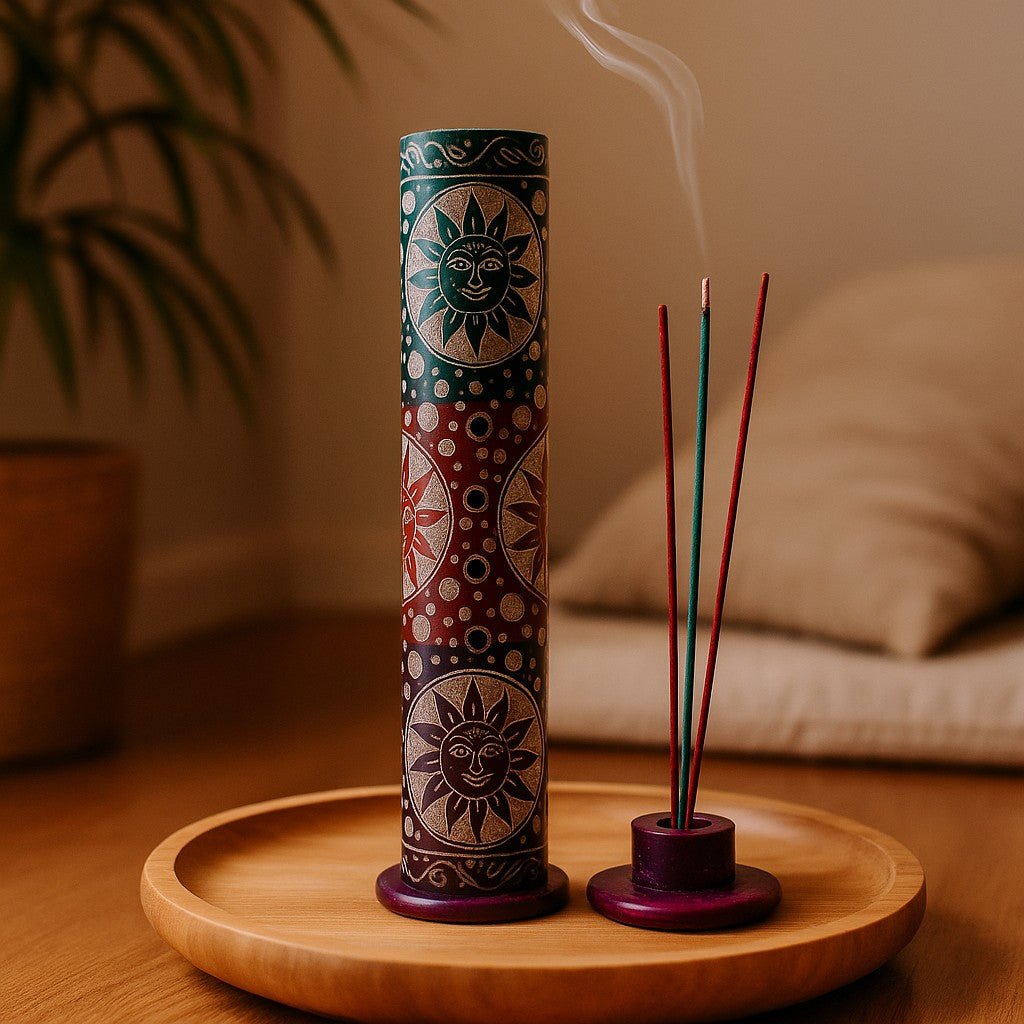 Decorative incense holder with smoking incense sticks on a wooden surface.