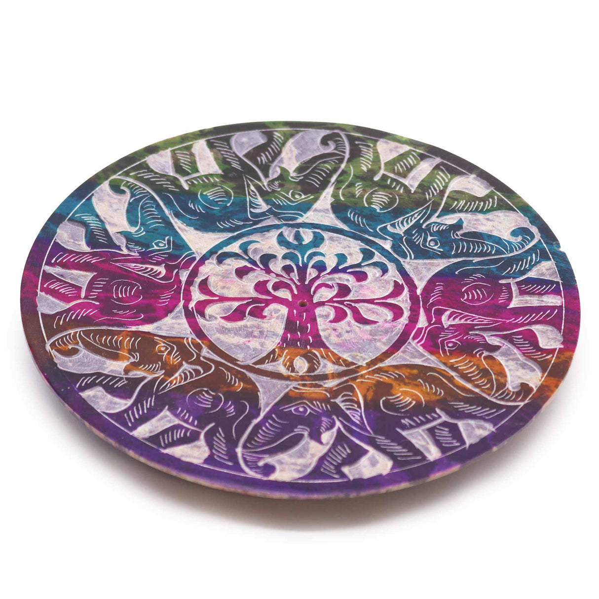Soapstone Disc Incense Burner with 6 Lucky Elephants - Artistic Tree of Life Design for Serenity and Luck - SHAMTAM.COM