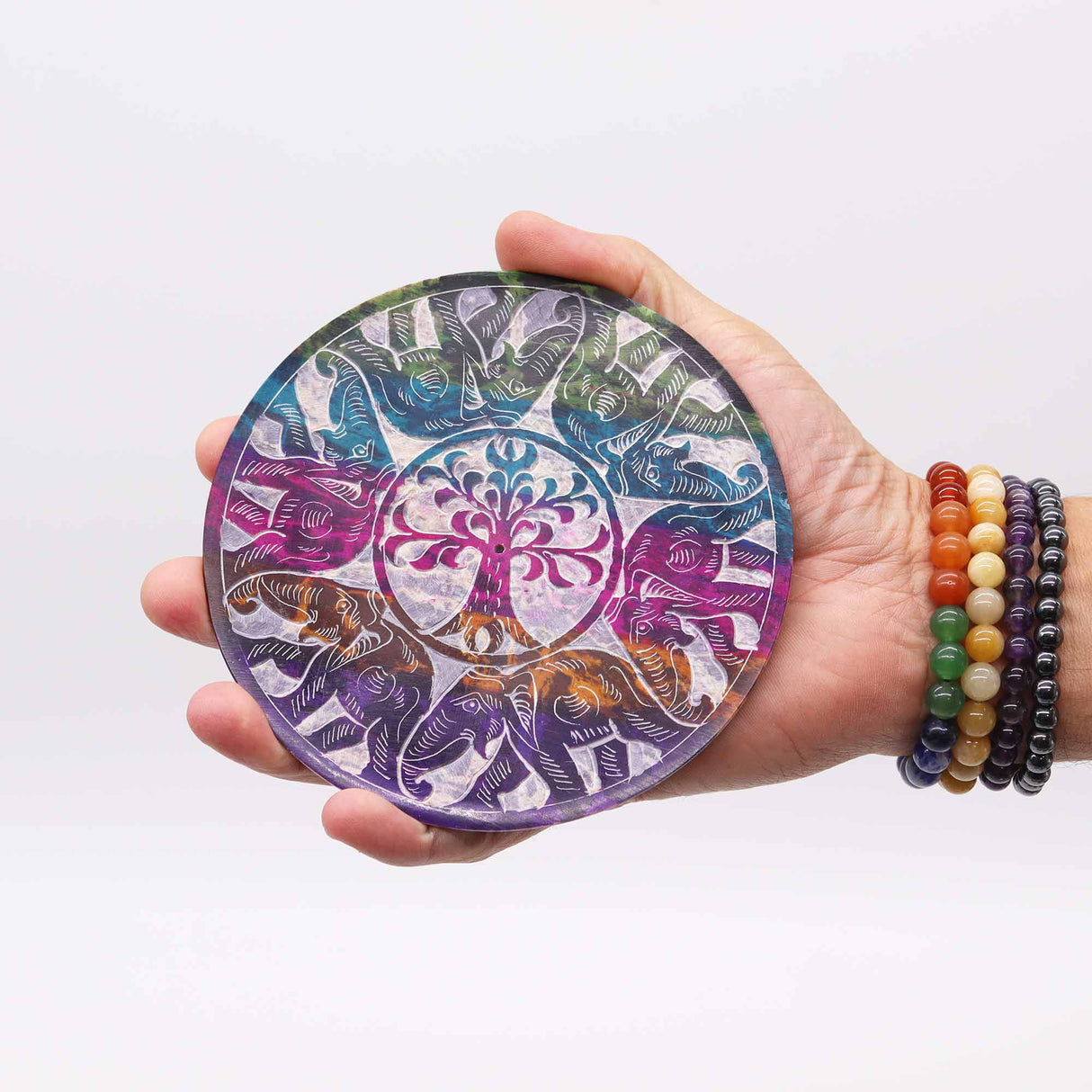 Soapstone Disc Incense Burner with 6 Lucky Elephants - Artistic Tree of Life Design for Serenity and Luck - SHAMTAM.COM