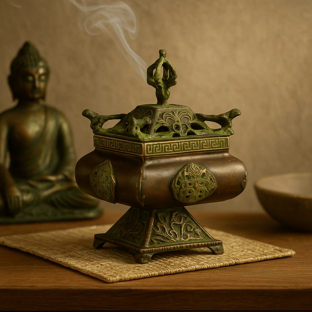 Incense Burner Tibetan Brass Verdigris Square Four Symbols - SHAMTAM.COM