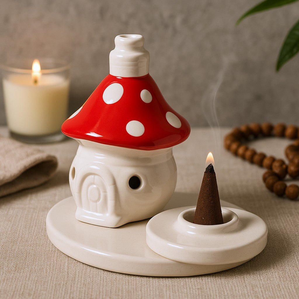 Incense Cone Burner Ceramic Fairy Toadstool House - SHAMTAM.COM