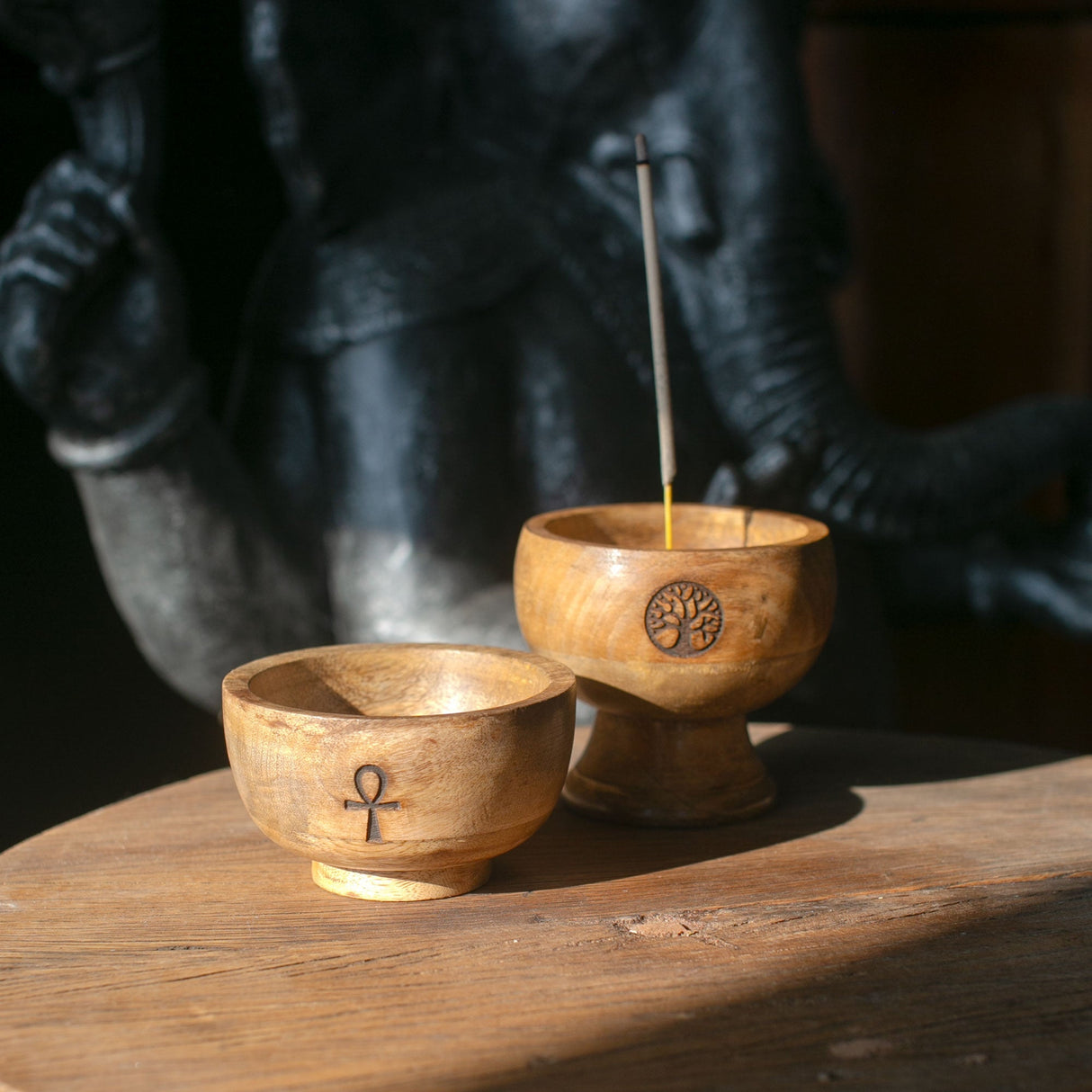 Large Wooden Ritual Bowl Incense Cone Holder with Om Symbol - 11x6 cm Natural Finish - SHAMTAM.COM