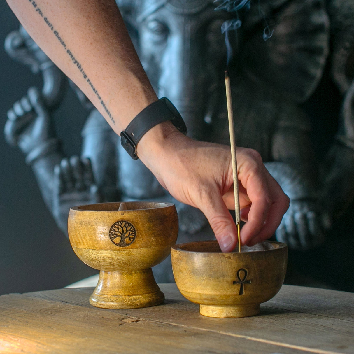 Large Wooden Ritual Bowl Incense Cone Holder with Om Symbol - 11x6 cm Natural Finish - SHAMTAM.COM
