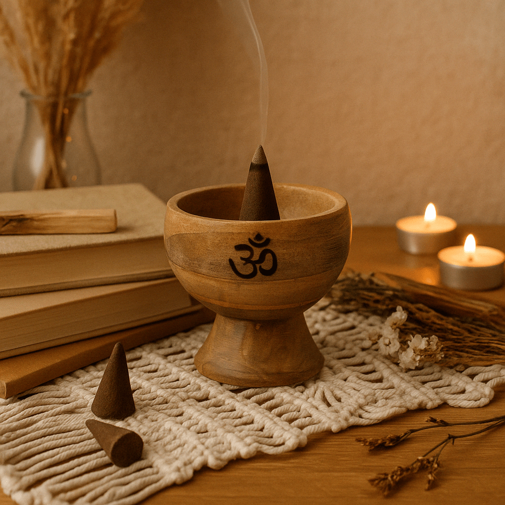 Large Wooden Ritual Bowl Incense Cone Holder with Om Symbol - 11x6 cm Natural Finish - SHAMTAM.COM