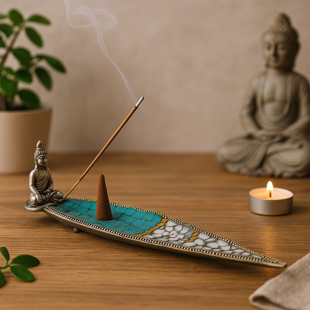 Incense Holder, Ceramic Buddha Long Leaf Tibetan - SHAMTAM.COM