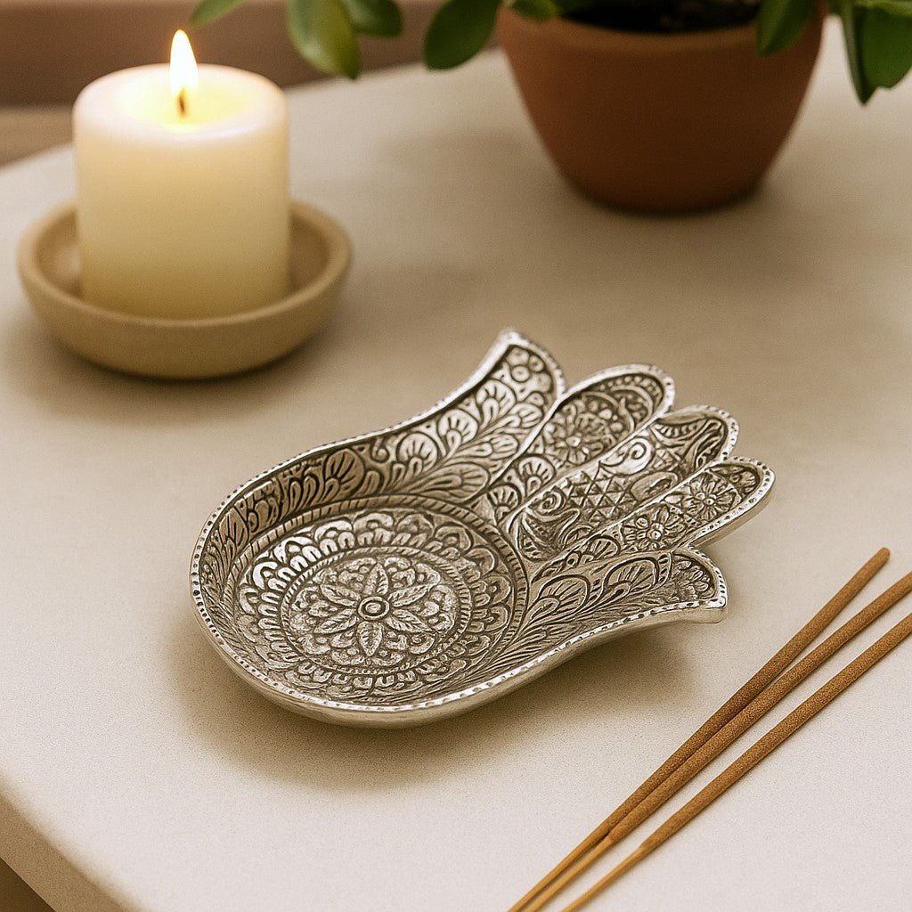 Incense Holder Hamsa Polished Aluminium Large - SHAMTAM.COM