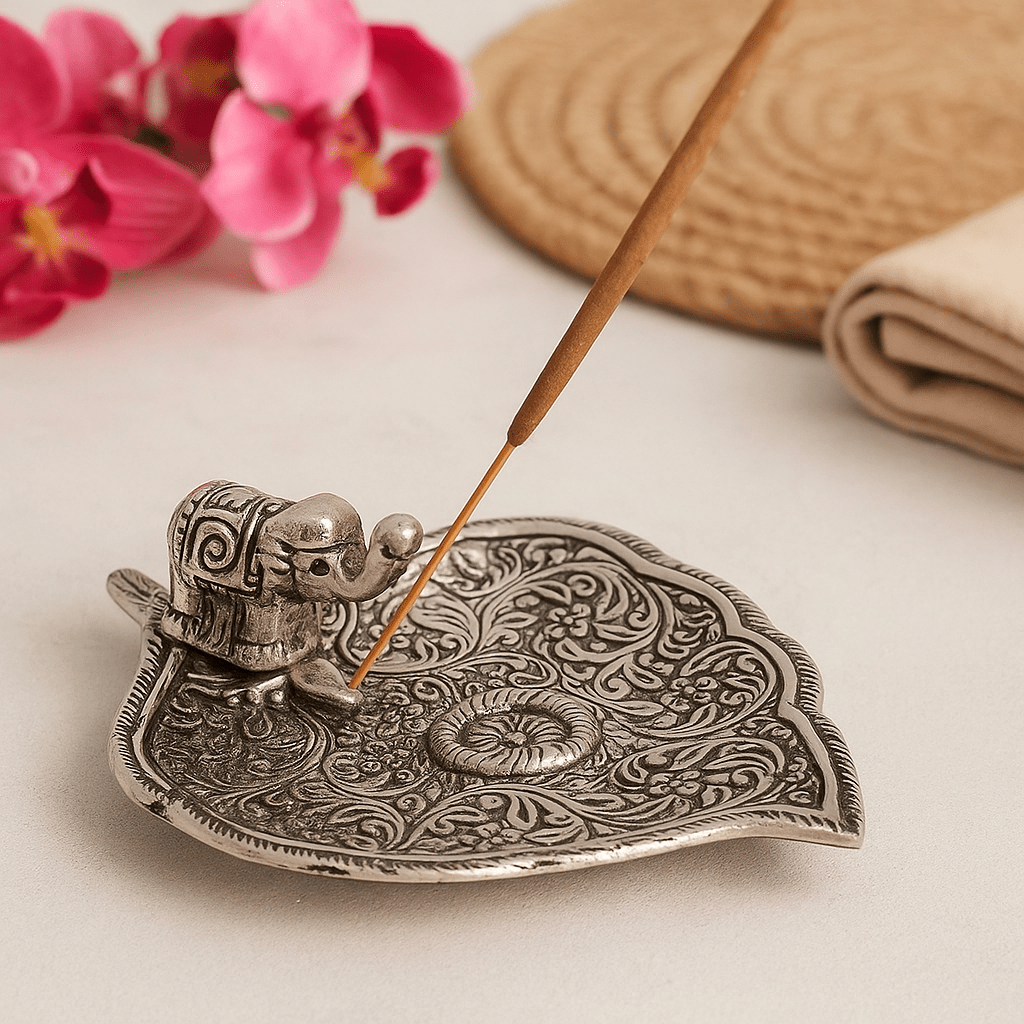 Incense Holder Polished Aluminium Elephant Leaf 11cm - SHAMTAM.COM