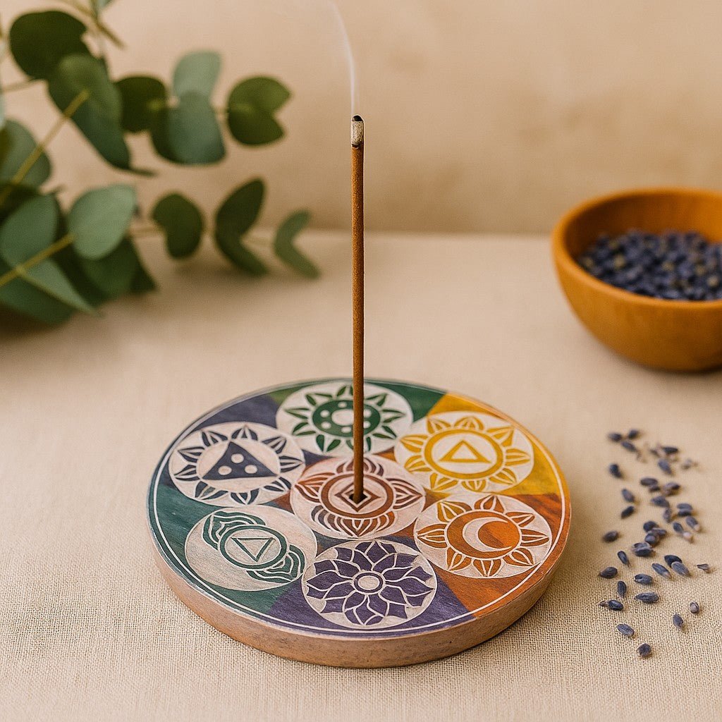 Incense burner with geometric designs on a beige surface with plants and seeds.