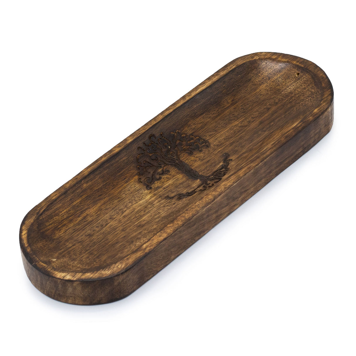 Handcrafted Wooden Incense Tray with Tree of Life Design - 30x10cm Rustic Oval Holder - SHAMTAM.COM
