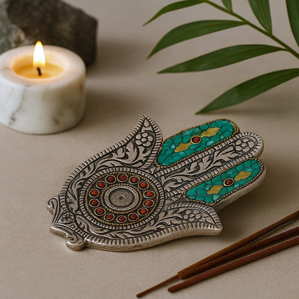 Portaincienso de varilla Hamsa verde pequeño