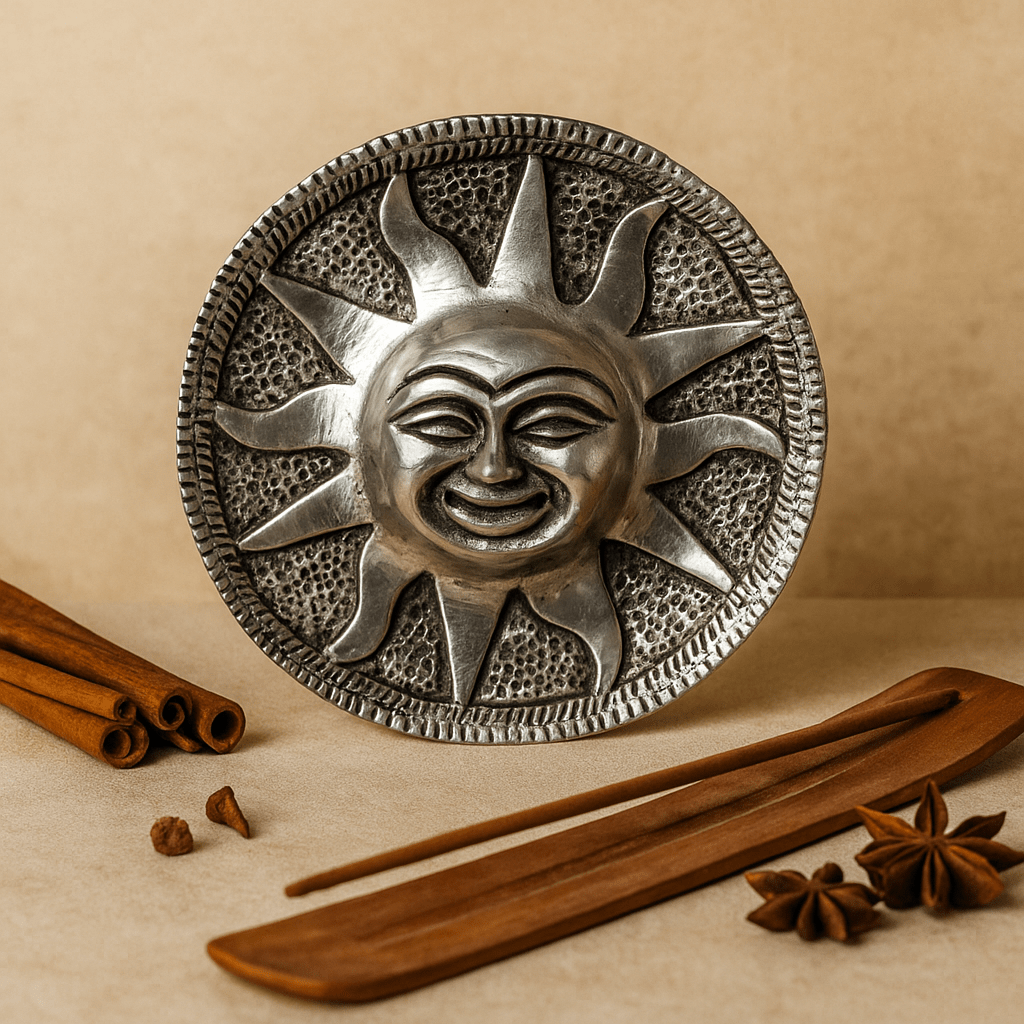Incense Stick Holder Sun Design Polished Aluminium 9cm - SHAMTAM.COM