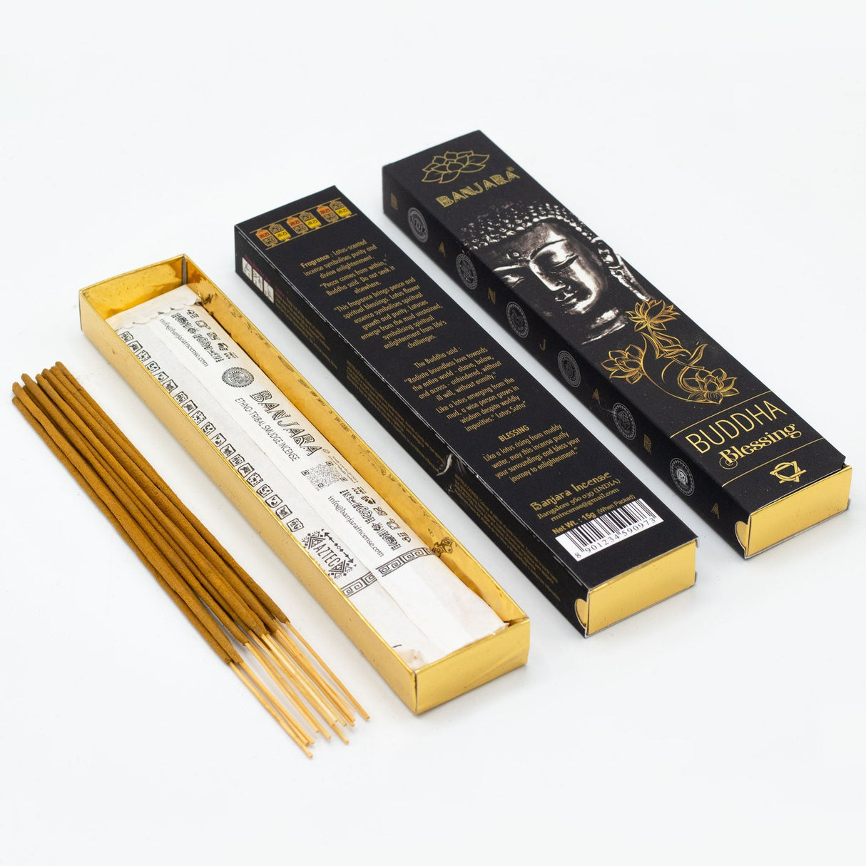 Satya Buddha Incense Sticks - Black & Gold Lotus Design with Buddha Image | Aromatic Blessings for Meditation & Relaxation - SHAMTAM.COM