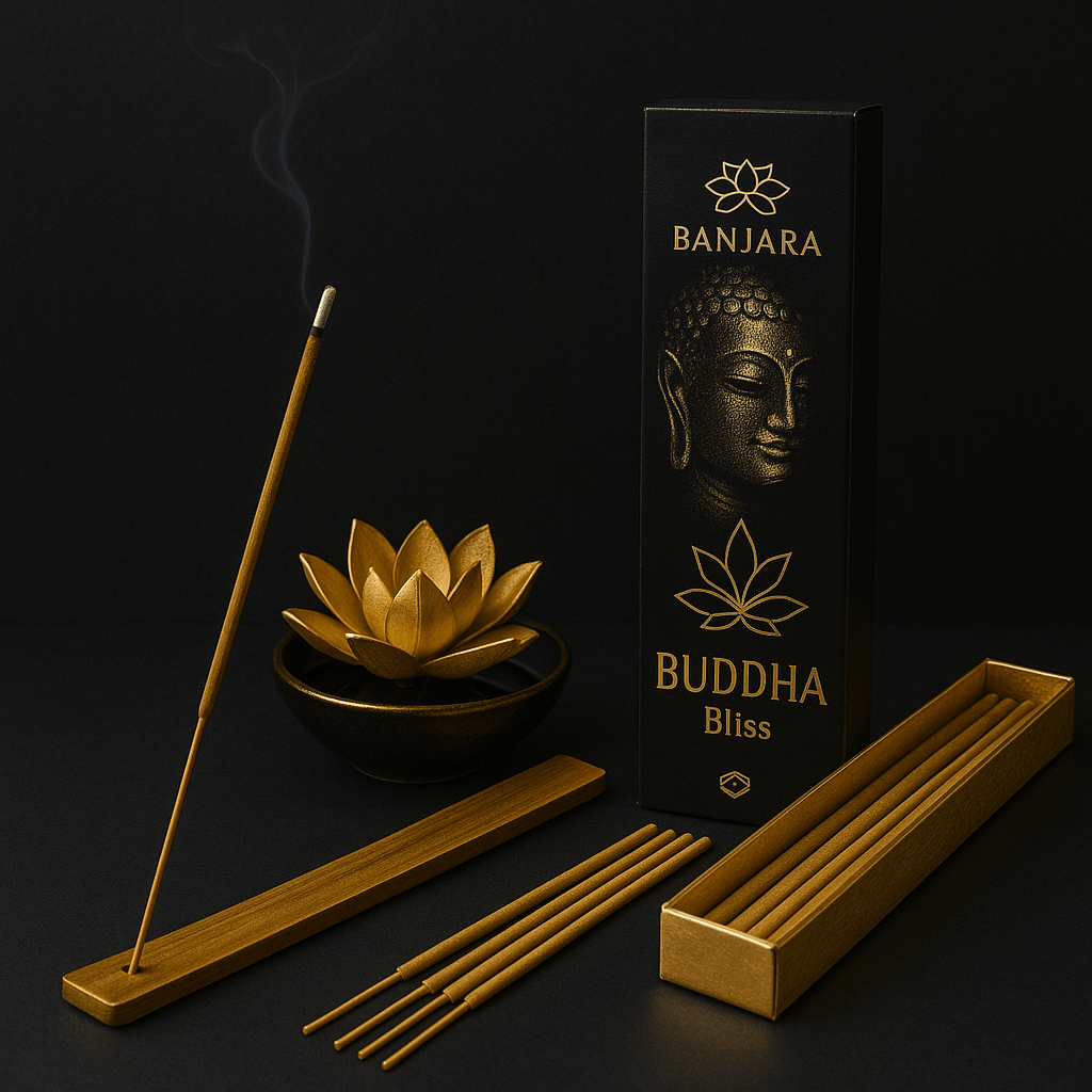Satya Buddha Incense Sticks - Black & Gold Lotus Design with Buddha Image | Aromatic Blessings for Meditation & Relaxation - SHAMTAM.COM
