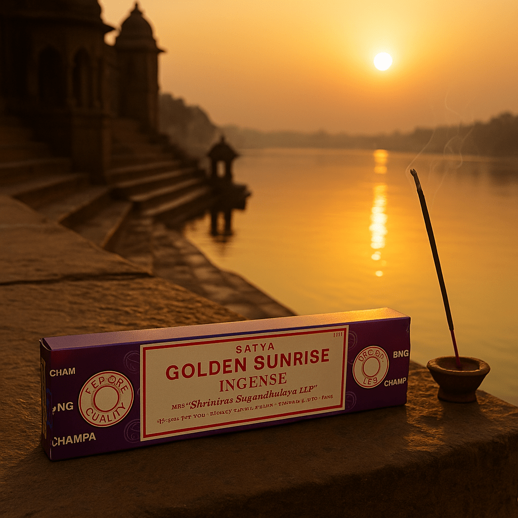 Satya Golden Sunrise Incense Sticks 15g - Hand Rolled Aromatic Fragrance from Shrinivas Sugandhalaya - SHAMTAM.COM