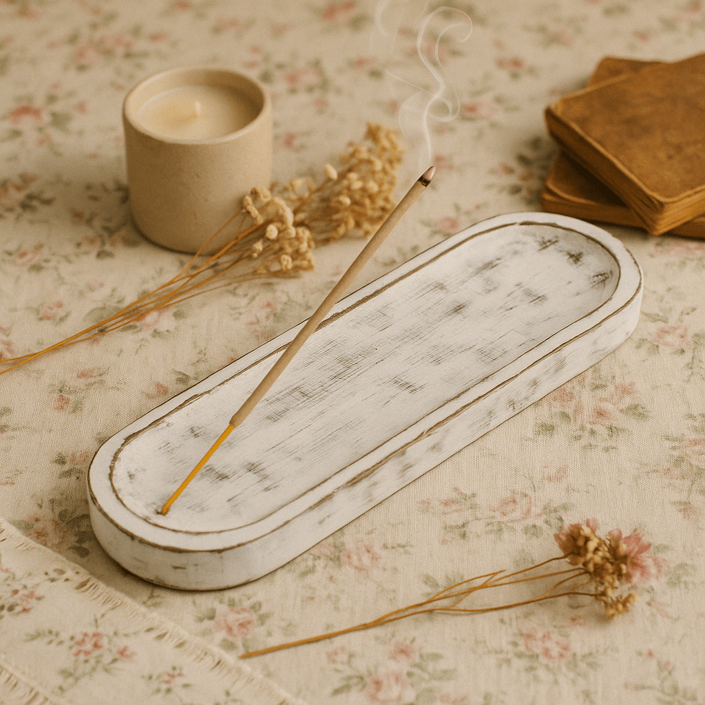 Vintage Whitewash Wooden Incense Tray - 30x10cm Oval Shabby - Chic Decor - SHAMTAM.COM