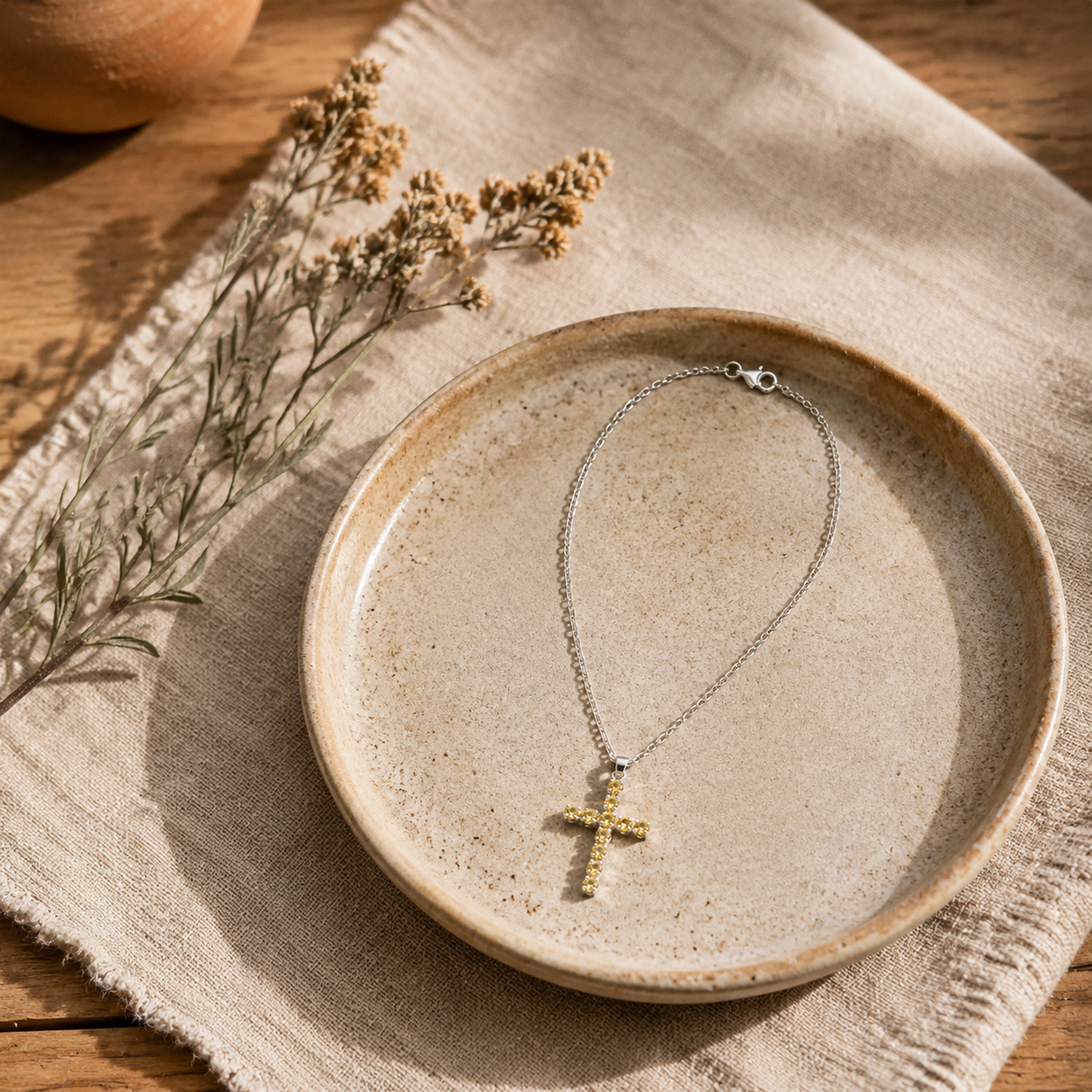 Indian Devotional Pendant - Silver Plated (45cm Chain)- Citrine Crucifix
