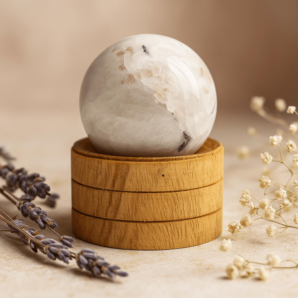 Indian Moonstone Sphere 40mm With Stand - SHAMTAM.COM