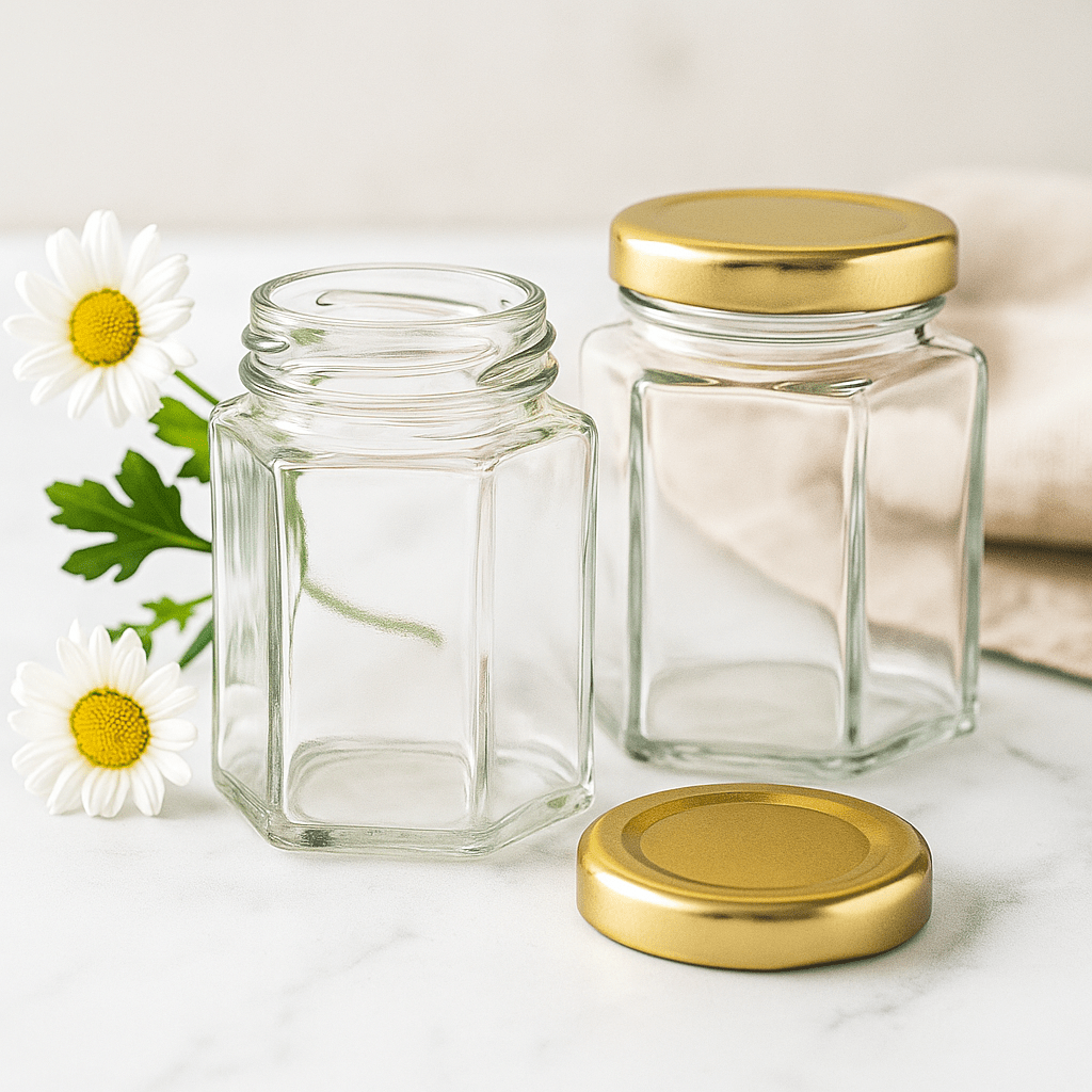 Jam Jar Hexagonal Glass Twist - Off Lid 150ml - SHAMTAM.COM