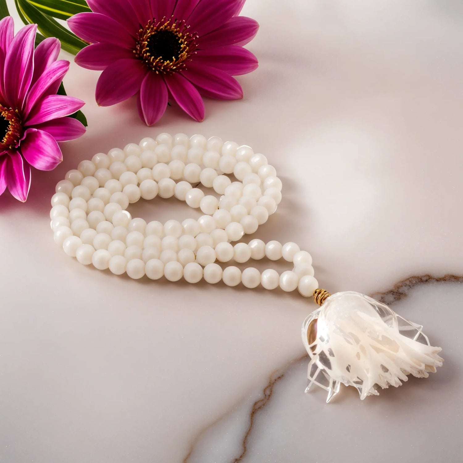 108 Bead Mala - White Quartz - Japa Mala - SHAMTAM.COM