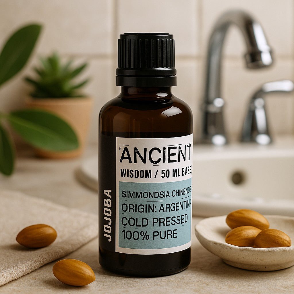 Bottle of 'Ancient Wisdom' jojoba oil on a bathroom counter with almonds and a plant in the background.