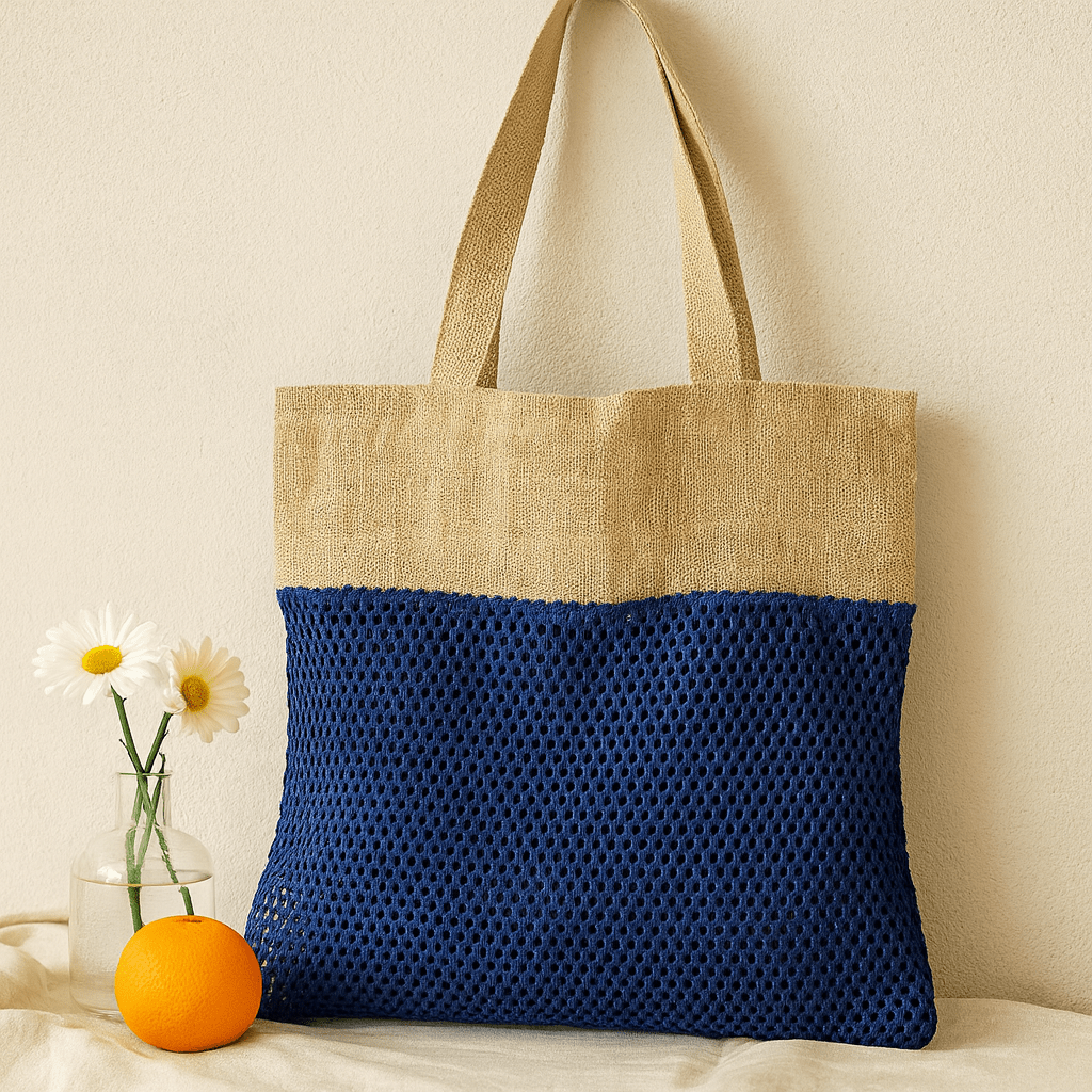 Jute and Cotton Tote Bag - Denim - SHAMTAM.COM