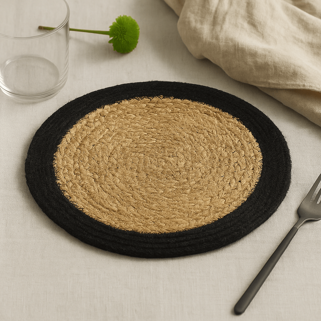 Jute Cotton Placemat 30cm, Black Border - SHAMTAM.COM