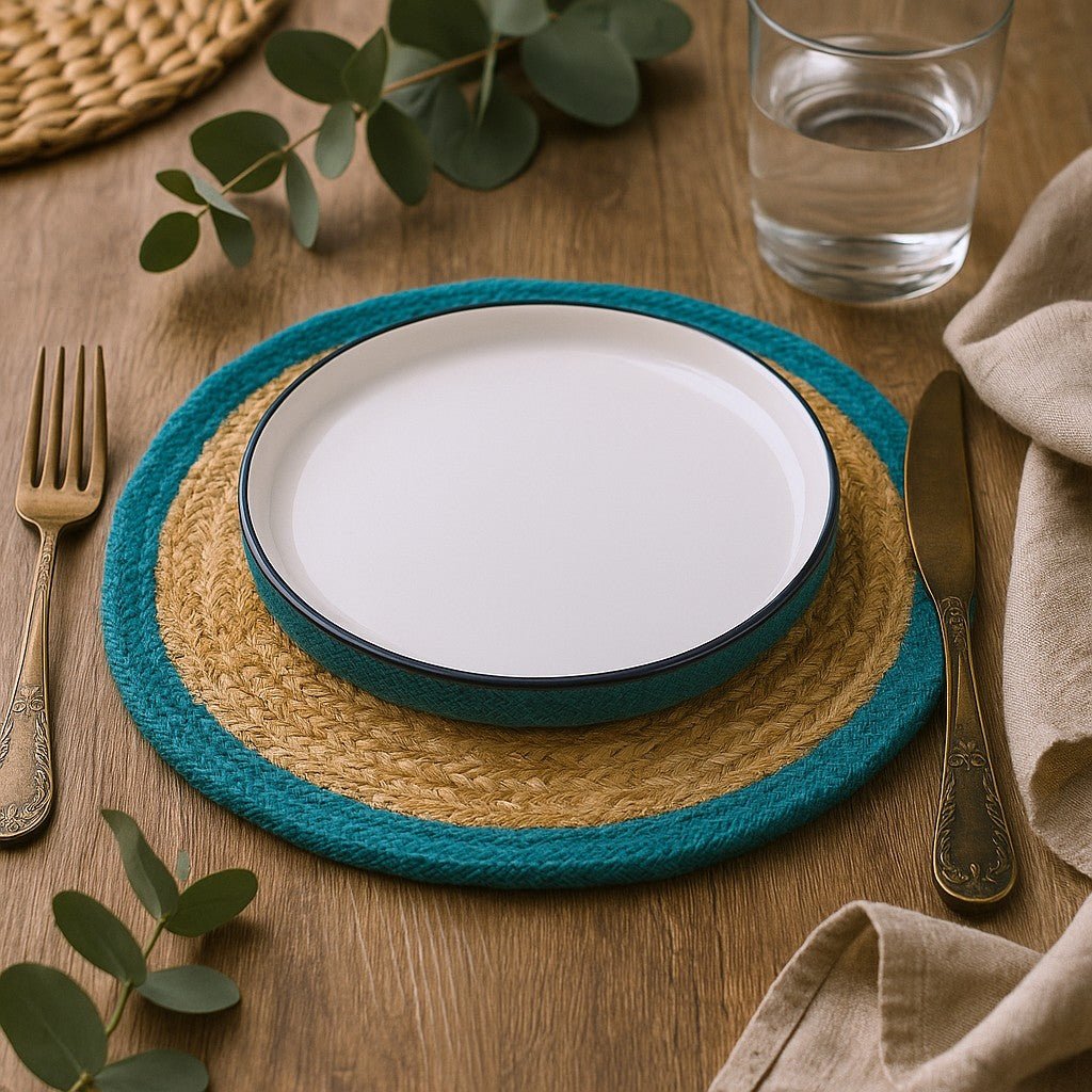 Teal-rimmed plate on a woven placemat with cutlery and water glass on a wooden table.