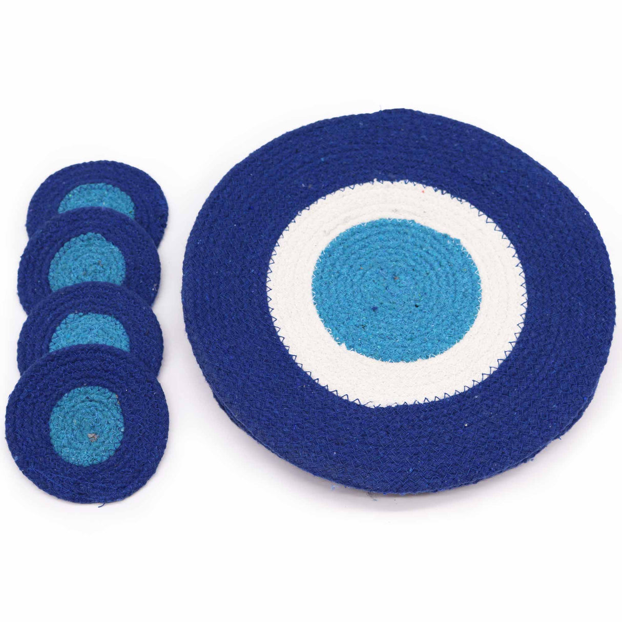 Evil Eye Jute Rope Placemats & Coasters Set - Rustic Blue & White Design (4 Each) - SHAMTAM.COM