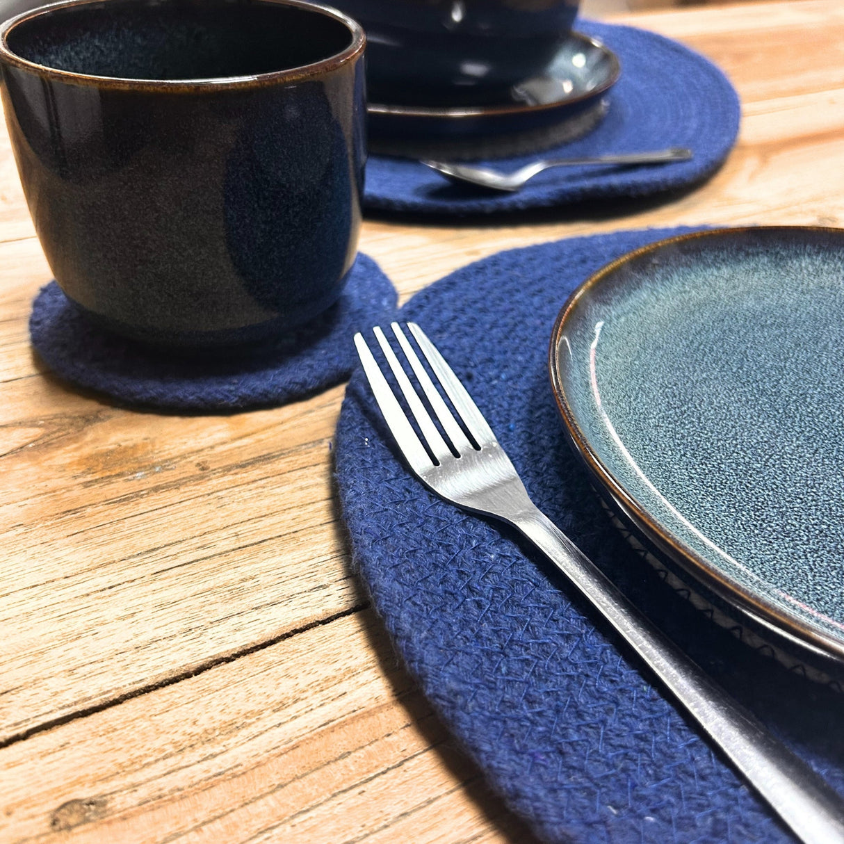 Evil Eye Jute Rope Placemats & Coasters Set - Rustic Blue & White Design (4 Each) - SHAMTAM.COM