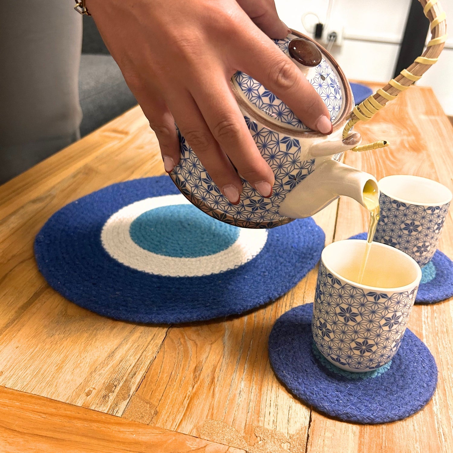 Evil Eye Jute Rope Placemats & Coasters Set - Rustic Blue & White Design (4 Each) - SHAMTAM.COM